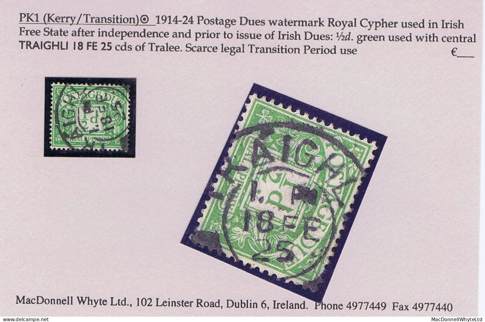 Ireland Postage Due Transition Kerry 1925 Great Britain Halfpenny Green Tralee Cds In Irish TRAIGHLI 18 FE 25 - Postage Due