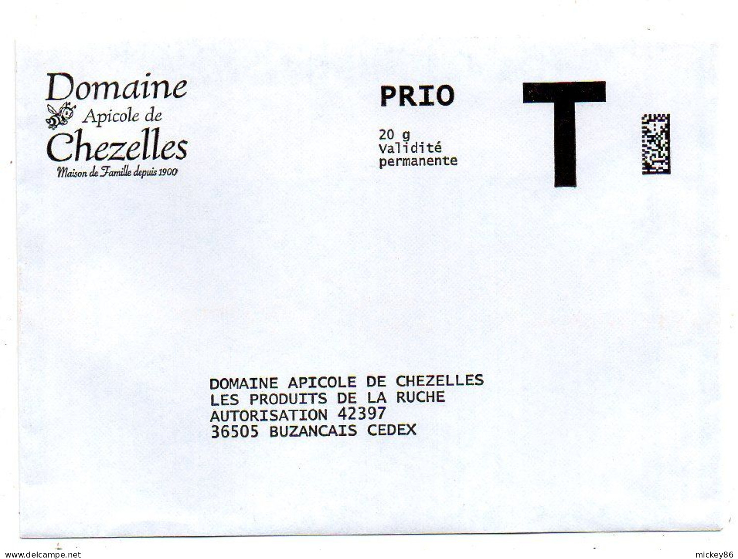 Entier--Enveloppe Retour T---PRIO --NEUF--- Domaine Apicole De Chezelles-Indre-(abeille)--Buzançais -36 - Cards/T Return Covers