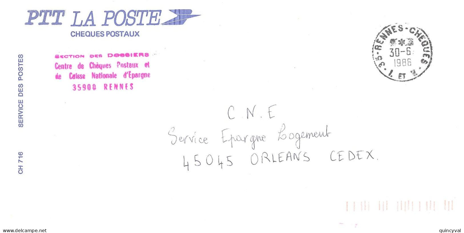 35 RENNES CHEQUES  Ile Et Vilaine Ob 30 6 1986 Lettre Enveloppe CCP Chèques Postaux - Handstempel