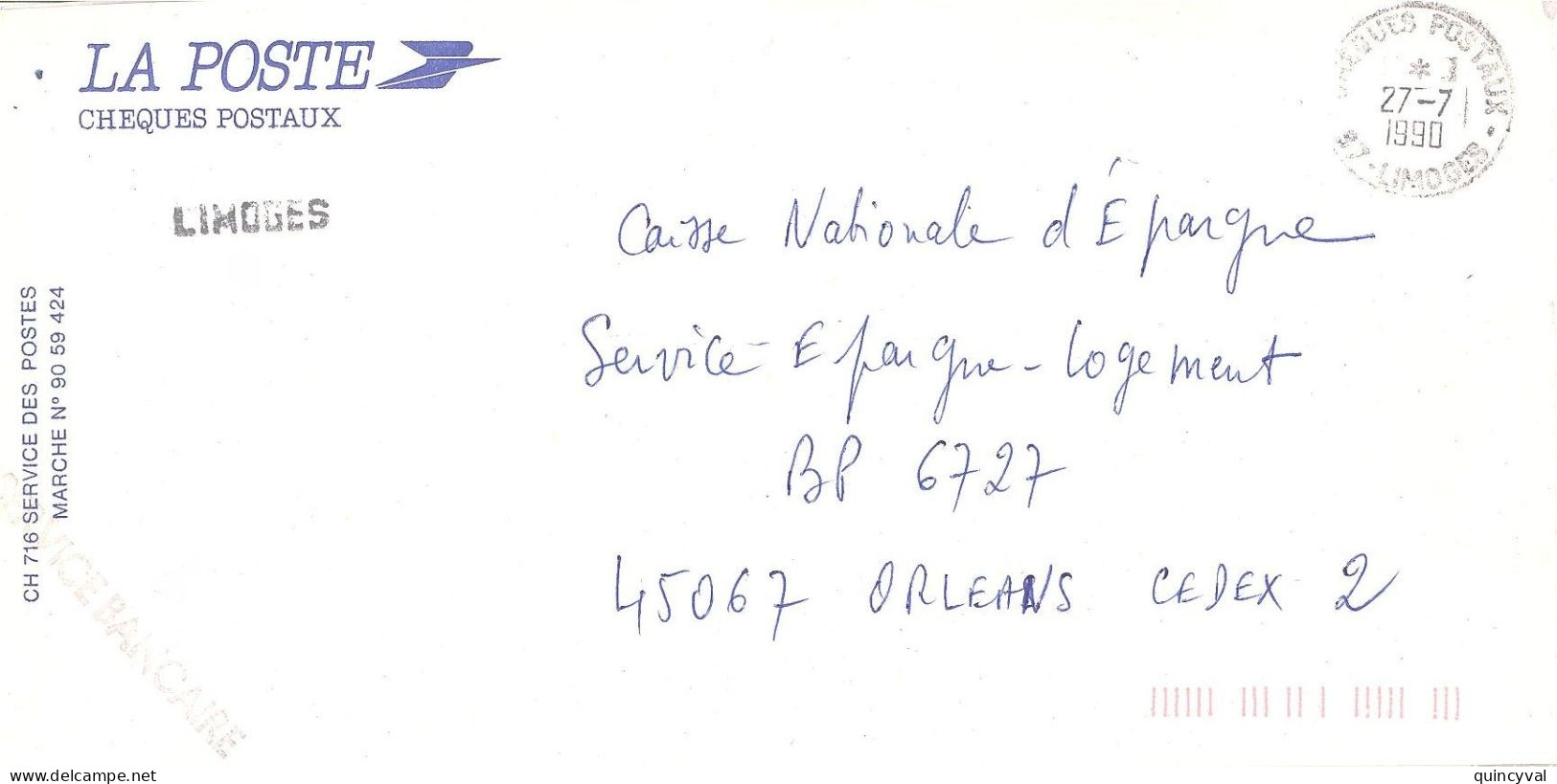 CHEQUES POSTAUX  87 LIMOGES Ob 27 7  1990 Lettre Enveloppe CCP Chèques Postaux  Service BANCAIRE - Handstempel