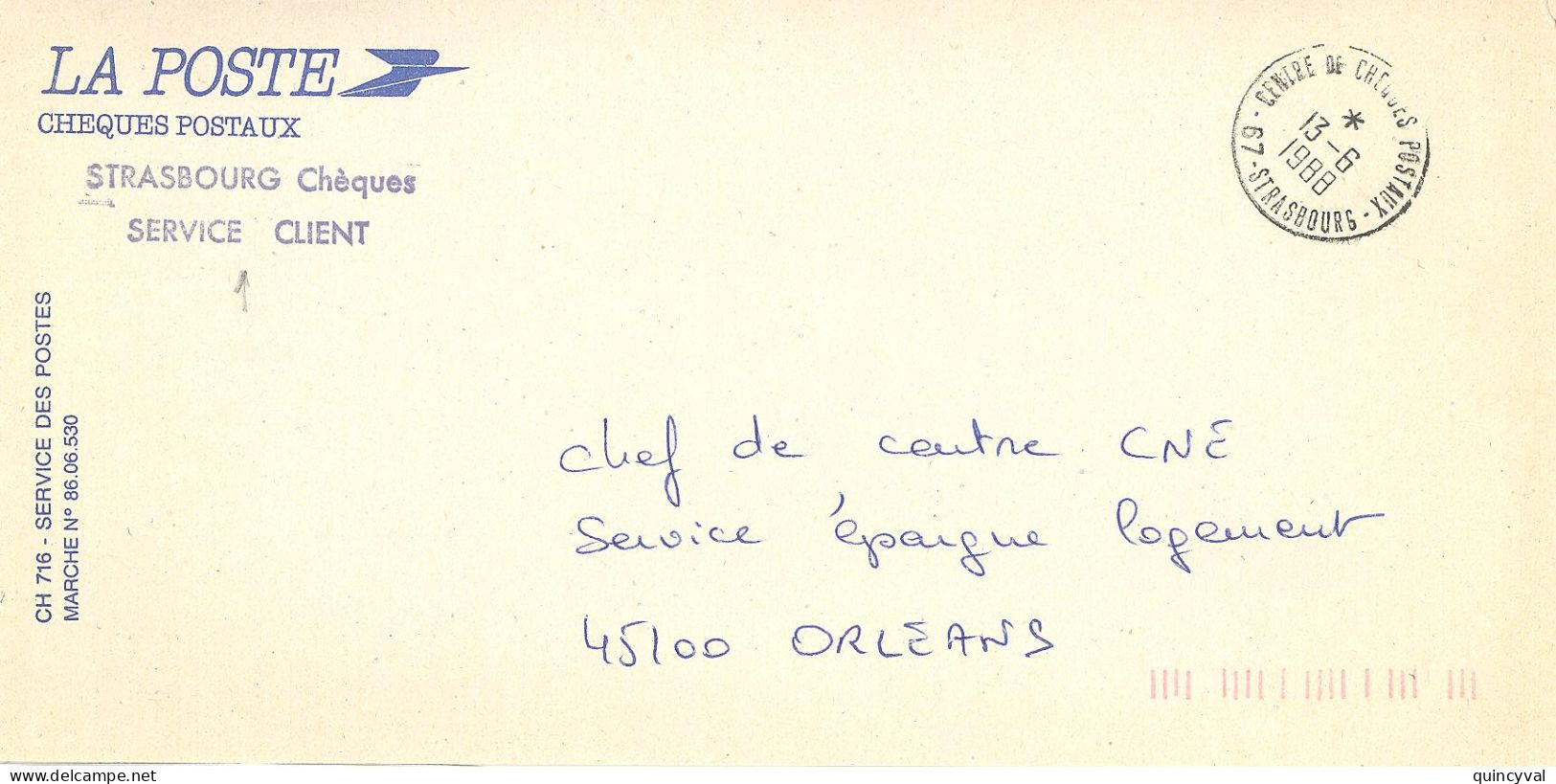 CENTRE DE CHEQUES POSATAUX 67 STRASBOURG  Ob 13 6 1988  Lettre Enveloppe CCP Cheques Postaux - Bolli Manuali