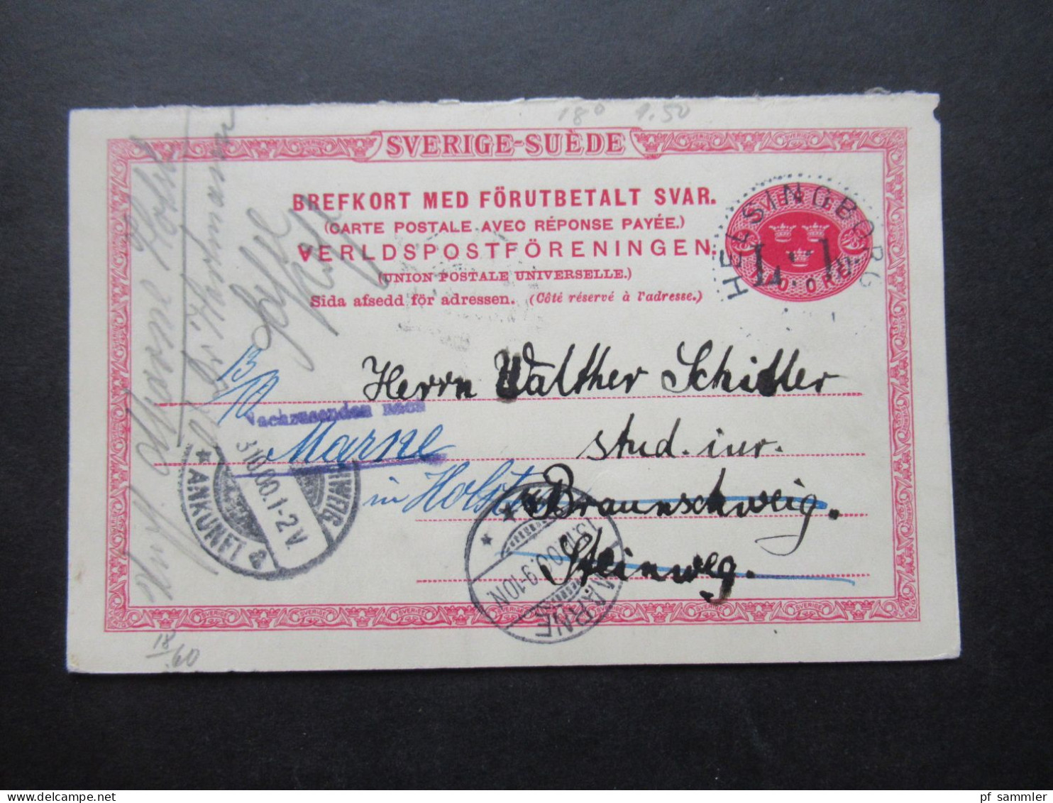 Schweden 1900 Ganzsache / Doppelkarte Tio Öre Frageteil Gestempelt Helsingborg - Braunschweig Weitergeleitet Nach Marne - Interi Postali
