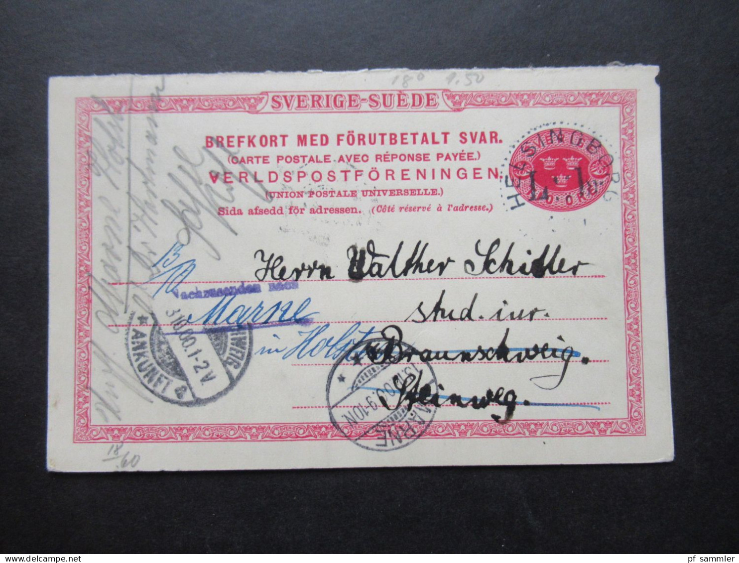 Schweden 1900 Ganzsache / Doppelkarte Tio Öre Frageteil Gestempelt Helsingborg - Braunschweig Weitergeleitet Nach Marne - Postal Stationery