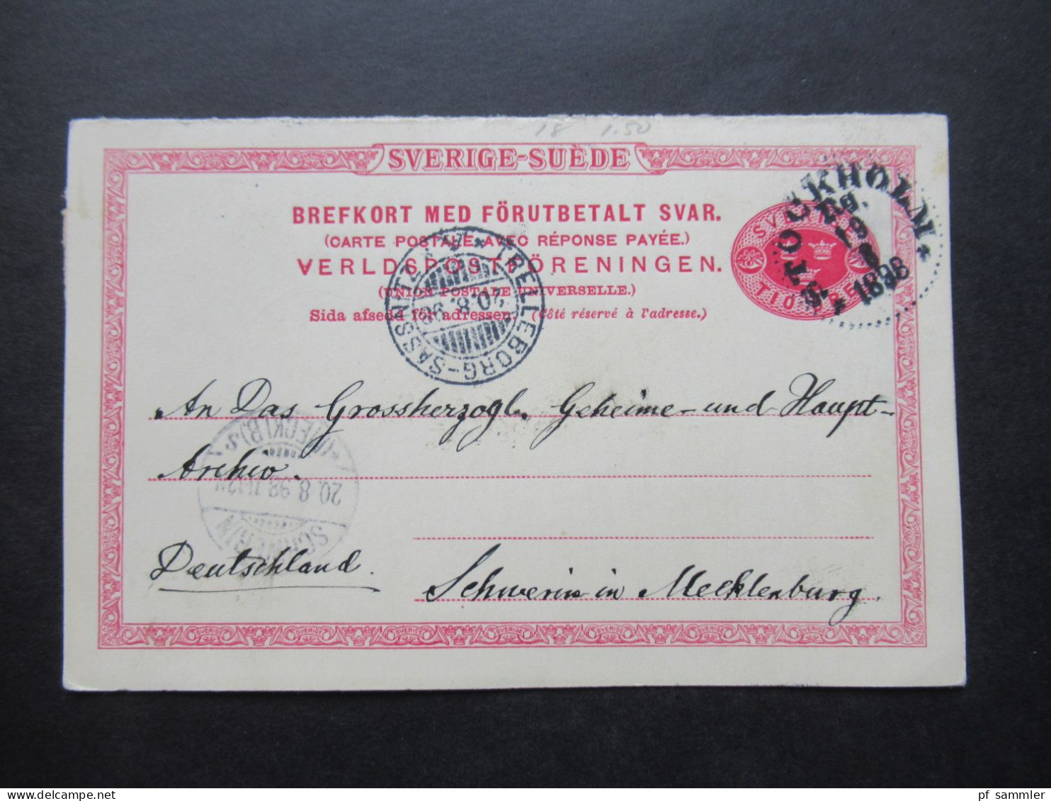 Schweden 1898 Ganzsache / Doppelkarte Tio Öre Stockholm - Schwerin Schiffspost Trelleborg - Sassnitz Unterschrift Major - Postal Stationery