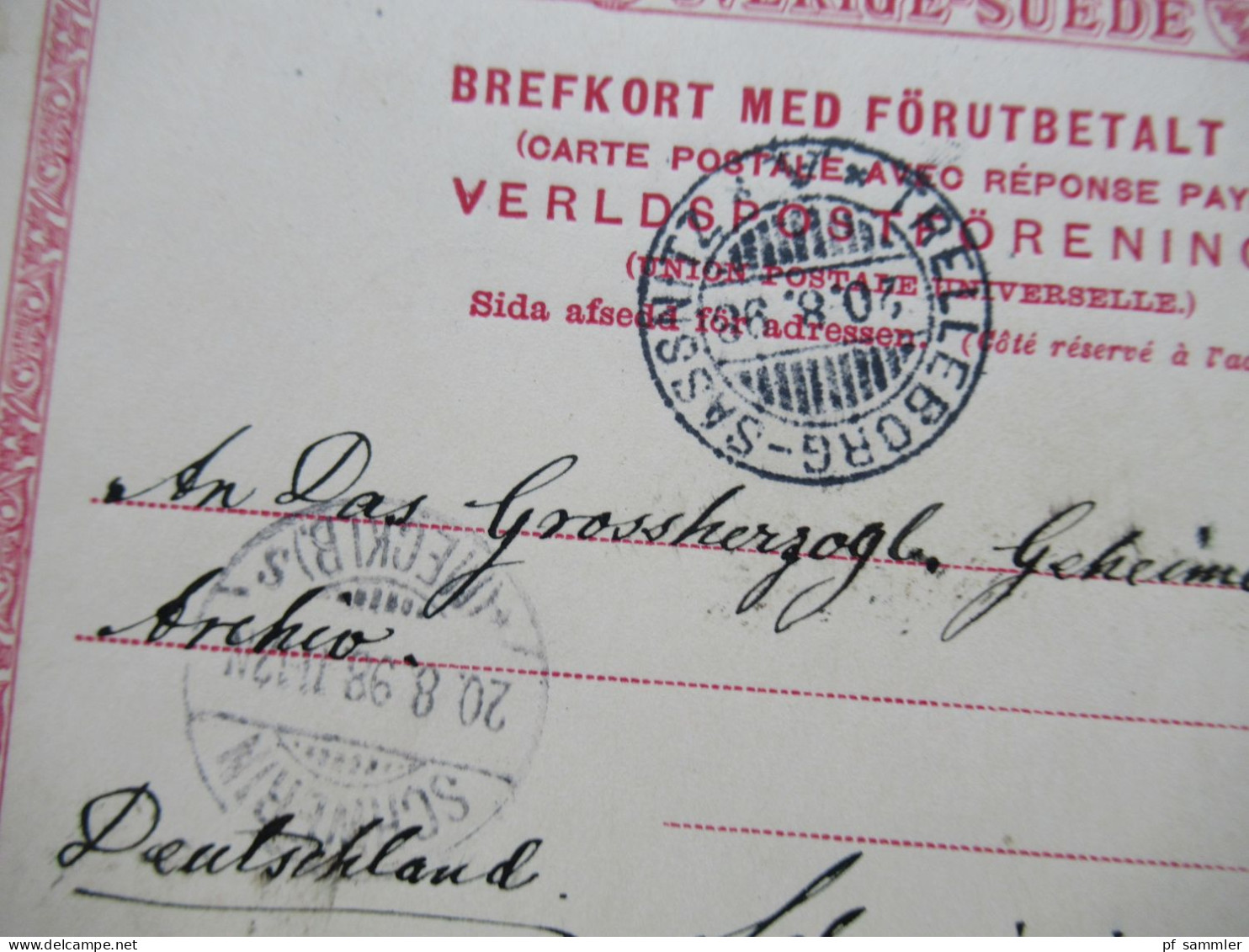 Schweden 1898 Ganzsache / Doppelkarte Tio Öre Stockholm - Schwerin Schiffspost Trelleborg - Sassnitz Unterschrift Major - Postwaardestukken