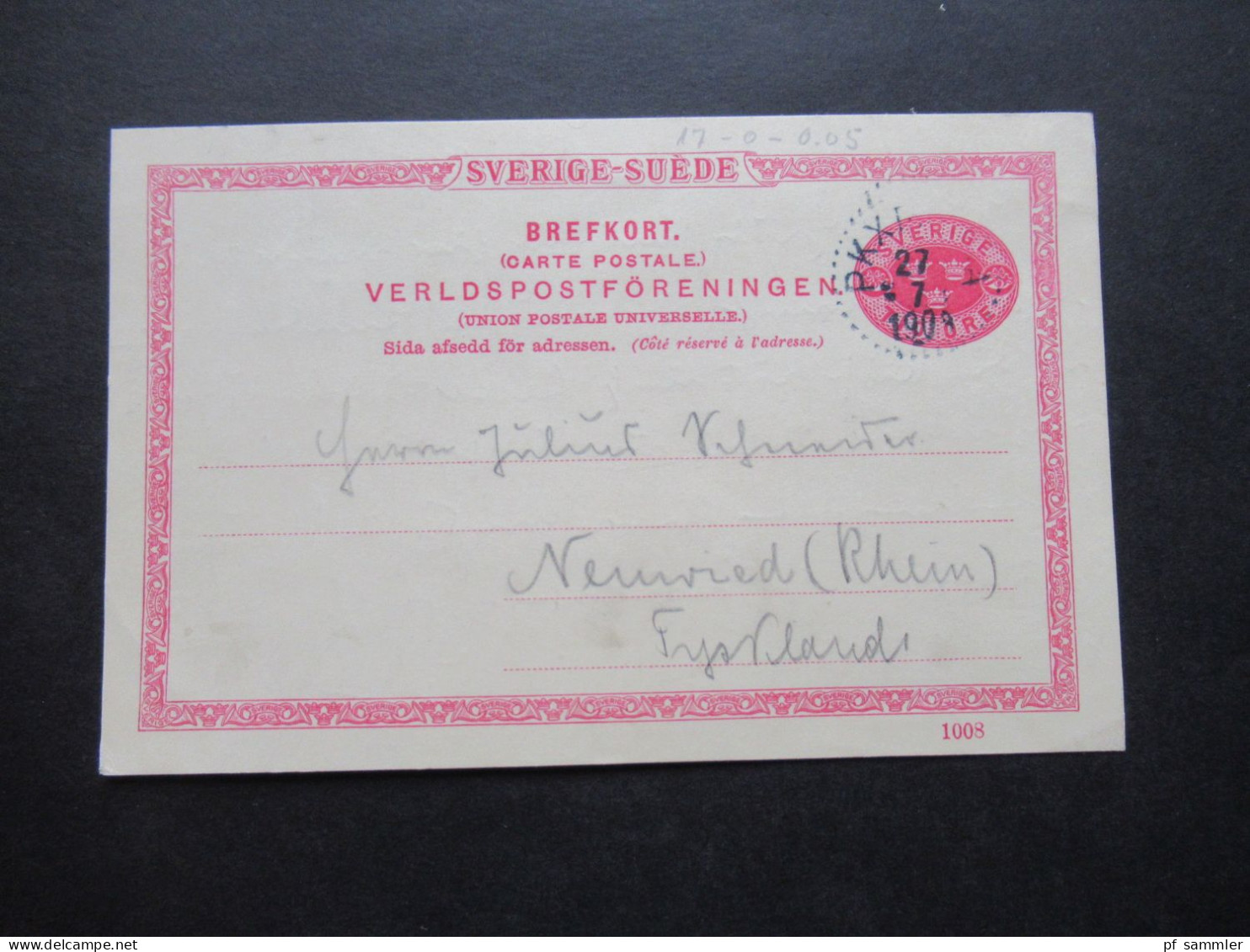 Schweden 1905 Ganzsache Tio Öre P25 Auslands PK Stockholm - Neuwied - Postal Stationery