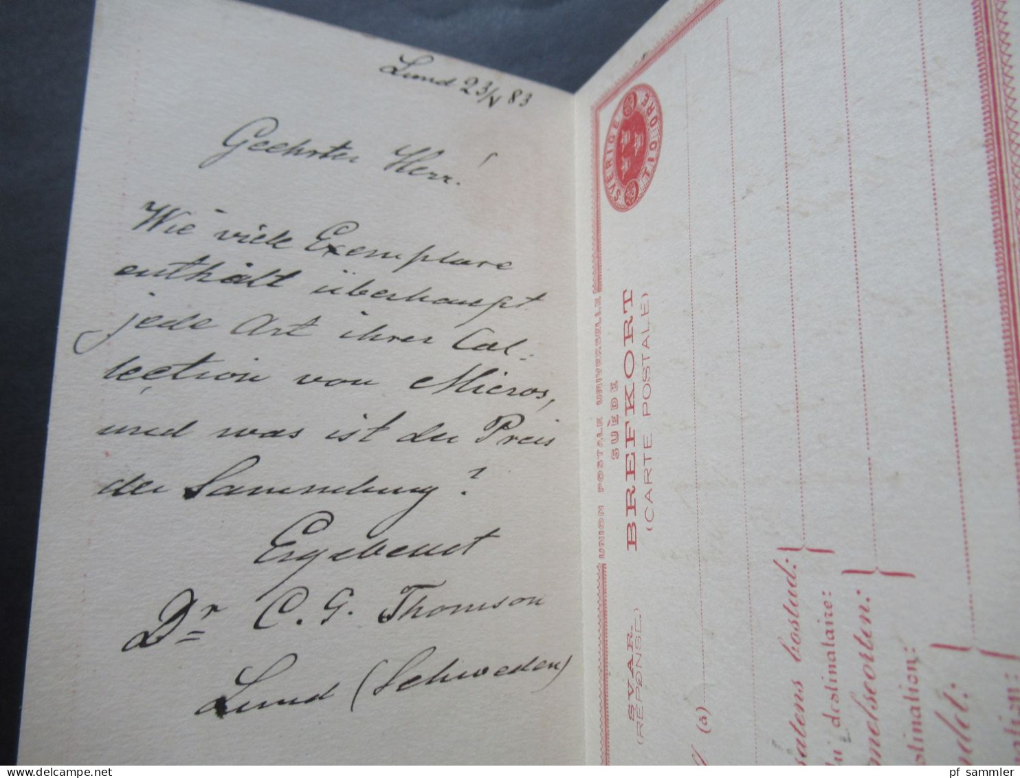 Schweden 1883 Ganzsache / Doppelkarte P 15 Tio Öre Auslandsverkehr Stempel K1 Lund Nach Hameln An Der Weser - Postwaardestukken