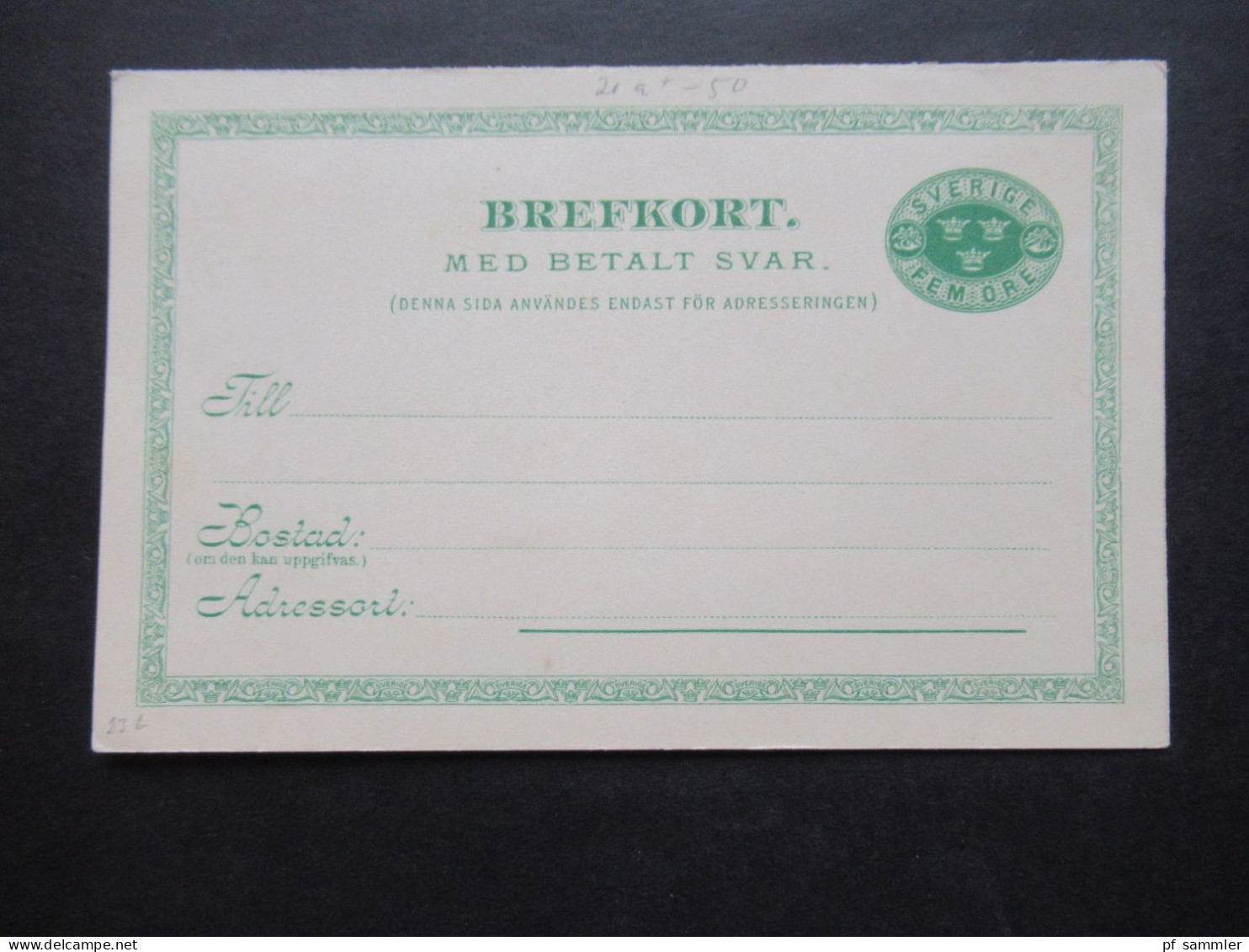 Schweden 1902 Ganzsache / Doppelkarte P 21 Fem Öre Ungebrauchte PK - Postwaardestukken