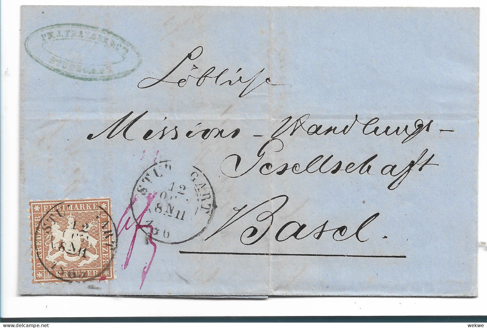 WTB126 / WÜRTTEMBERG Mi.Nr.28a, Geprüft In Besterhaltung 1865, Stuttgart - Basel, 2-Kreisstempel Mit Jahr - Briefe U. Dokumente