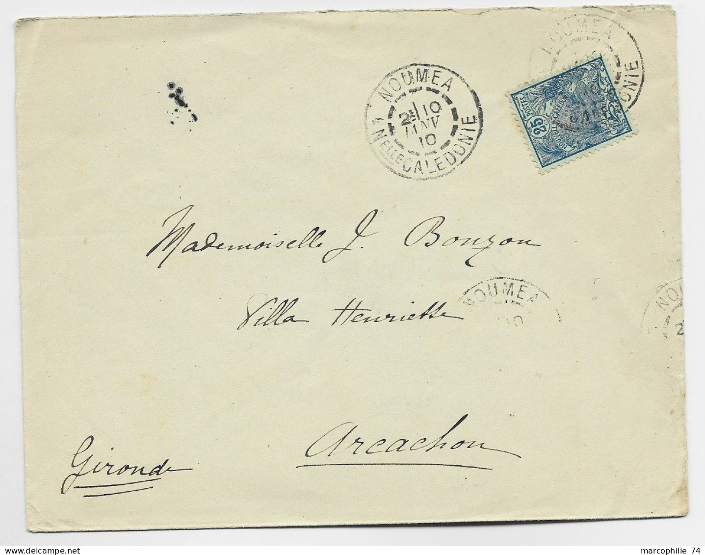 NOUVELLE CALEDONIE 25C BLEU SEUL LETTRE COVER NOUMEA 10 JANV 1910 POUR ARCACHON - Covers & Documents