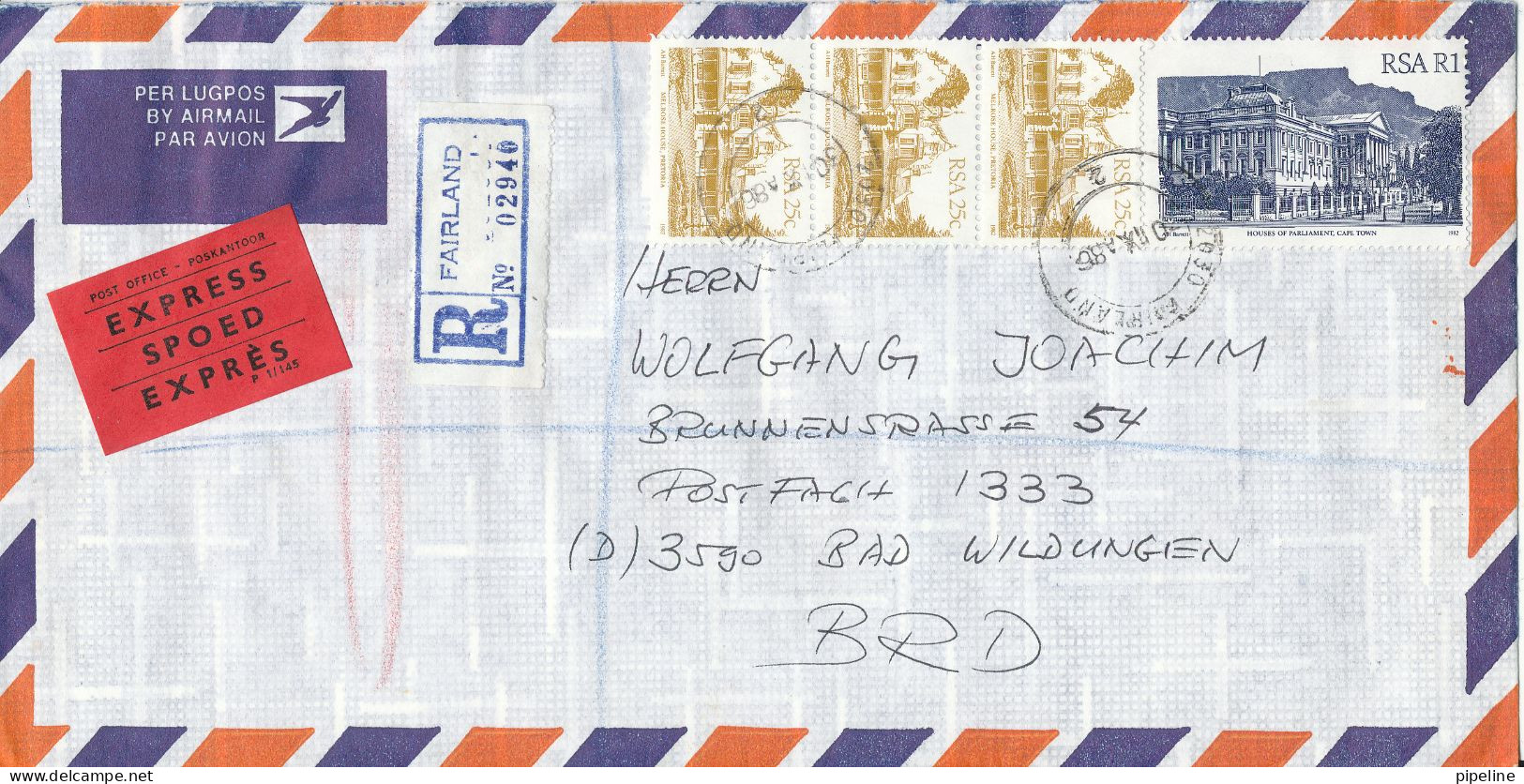 South Africa Registered Air Mail Cover Sent Express To Germany Fairland 30-9-1986 - Luchtpost