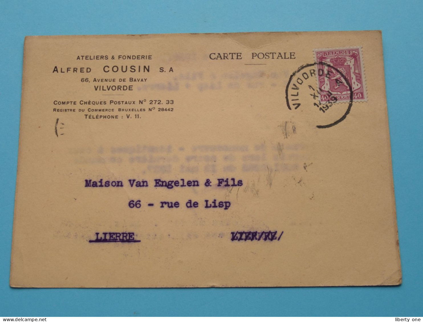 Alfred COUSIN Ateliers & Fonderie > VILVORDE ( Gele Briefkaart ) 1939 > Lierre ( Zie / Voir SCANS ) ! - Vilvoorde