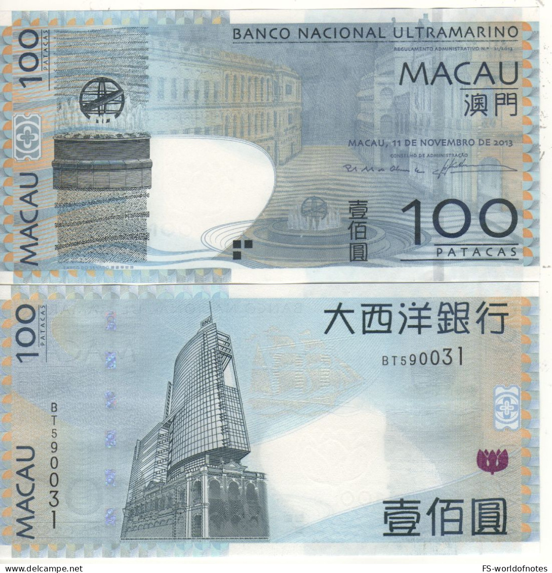 MACAO 100 Patacas  P82c(3)  Dated  11.11.2013 (Senate Square -Old And New Buildings Of Banco Nacional Ultramarino Back ) - Macao