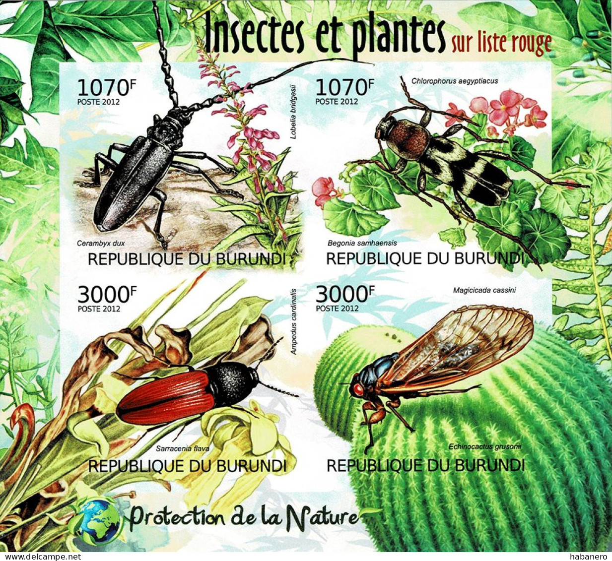 BURUNDI 2012 Mi 2535-2538B RED LISTED INSECTS MINT IMPERFORATED MINIATURE SHEET ** - Blocchi & Foglietti