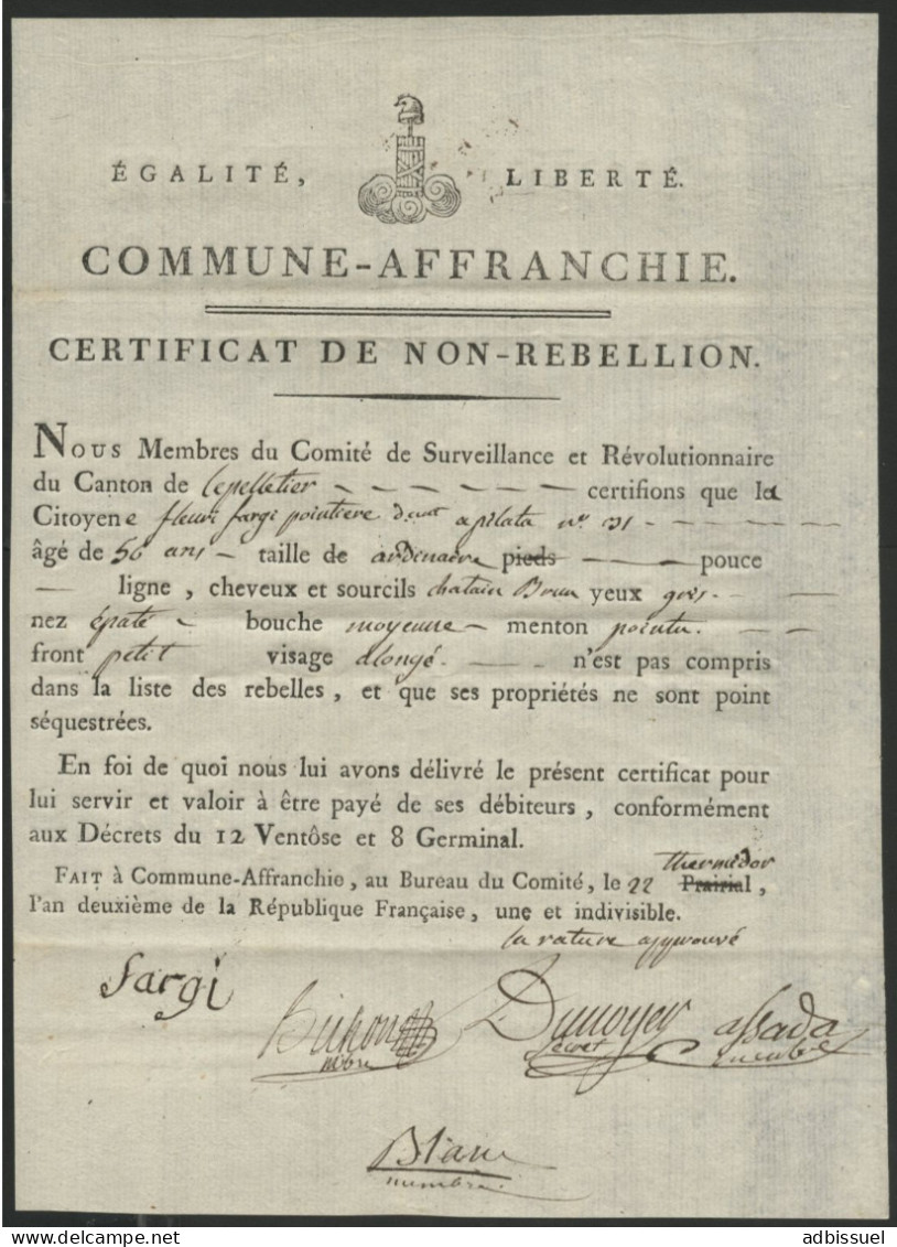 1794 CERTIFICAT DE NON REBELLION DU COMITE REVOLUTIONNAIRE DE SURVEILLANCE DU CANTON DE LEPELLETIER DE LYON - Historical Documents