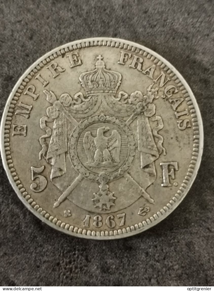 5 FRANCS ARGENT 1867 BB STRASBOURG NAPOLEON III TETE LAUREE / FRANCE SILVER - 5 Francs