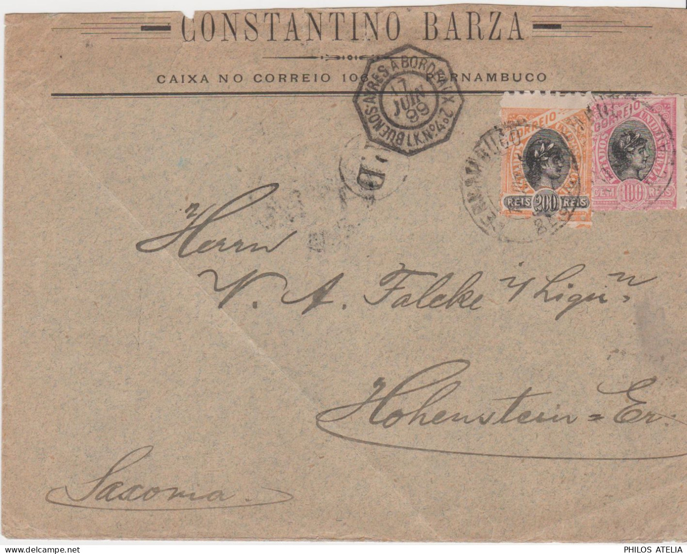 Brésil Constantino Barza Pernambuco YT Brazil N° 82 83 Cachet Maritime Buenos Ayres à Bordeaux 2 LK N°4 17 JUN 1899 - Storia Postale