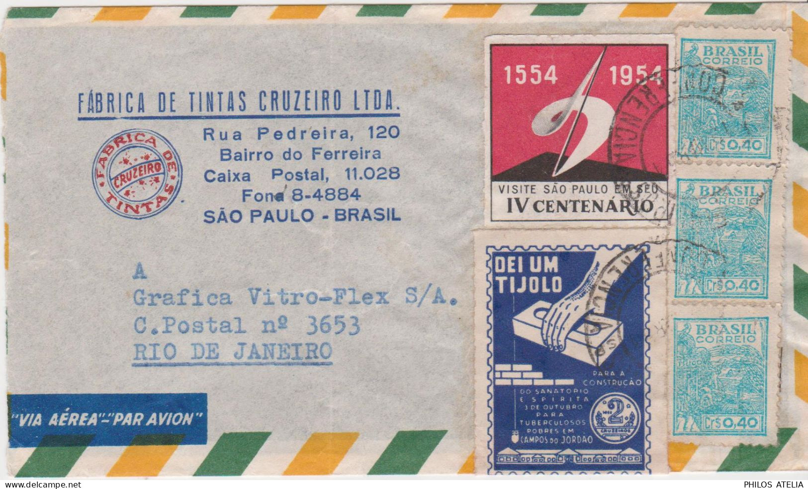 Brasil Correio YT N° 384 X3 CAD MARS 1954 + Vignettes Visite Sao Paulo IV Centenario + Dei Um Tijolo Sanatorio - Covers & Documents