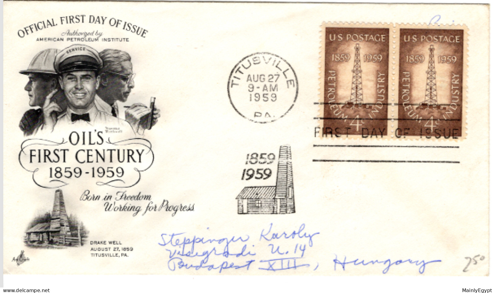 USA - FDC Cover - 1959 - Oil's First Century, Petroleum Industry, Drake Well #F167 - 1951-1960