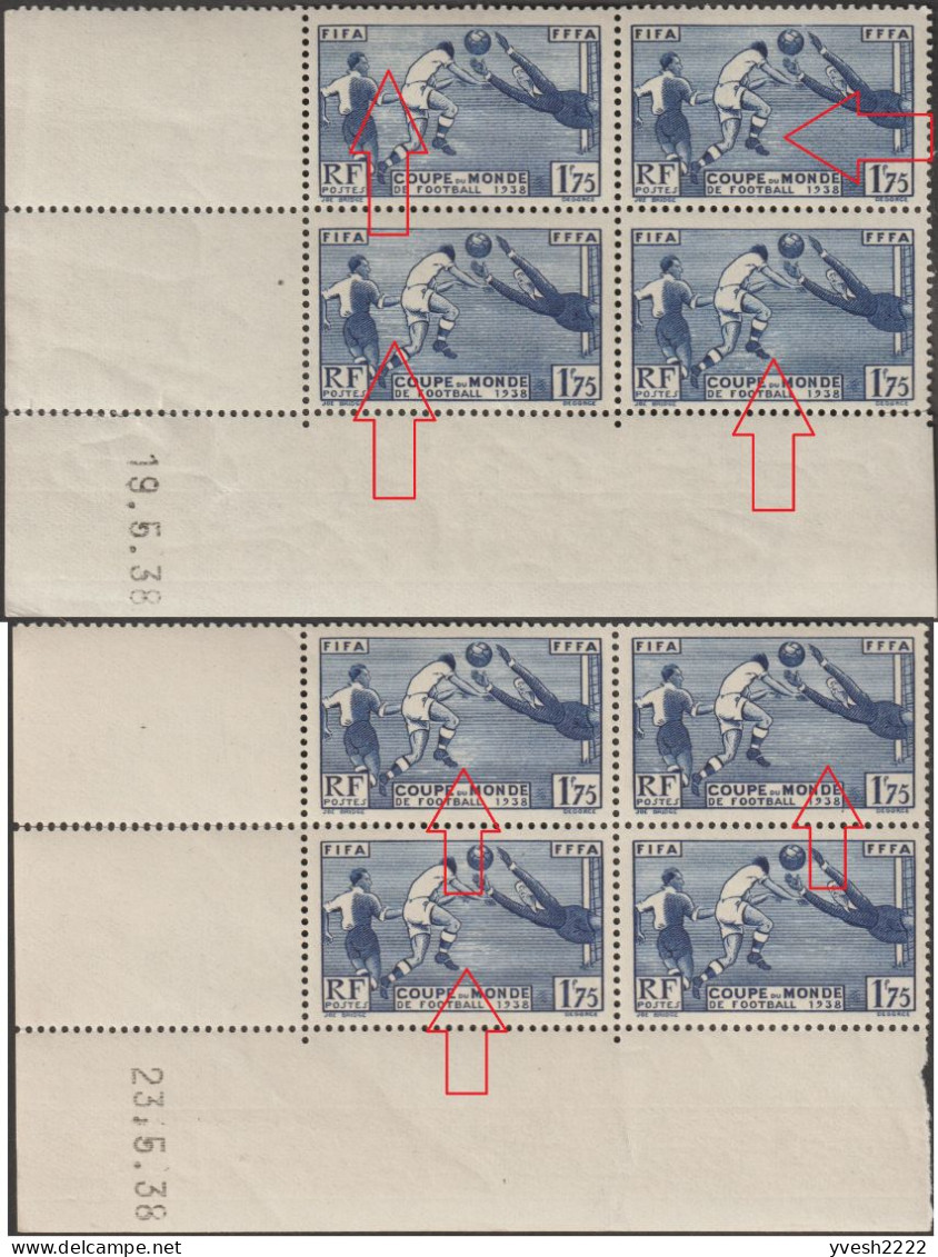 France 1938 Y&T 396. Deux Blocs De 4, Couleurs Différentes, Curiosités D'encrage. Coupe Du Monde De Foot 1938. MNH - 1938 – Francia