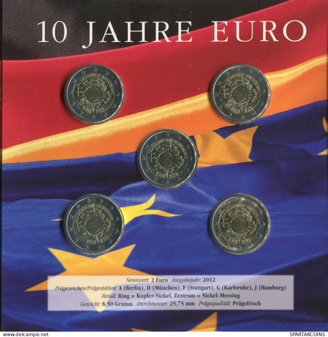 DEUTSCHLAND 2012 EURO SET 2 EURO A. D. F G. J 10 YEAR EURO UNC #SET1280.13.D - Sonstige & Ohne Zuordnung