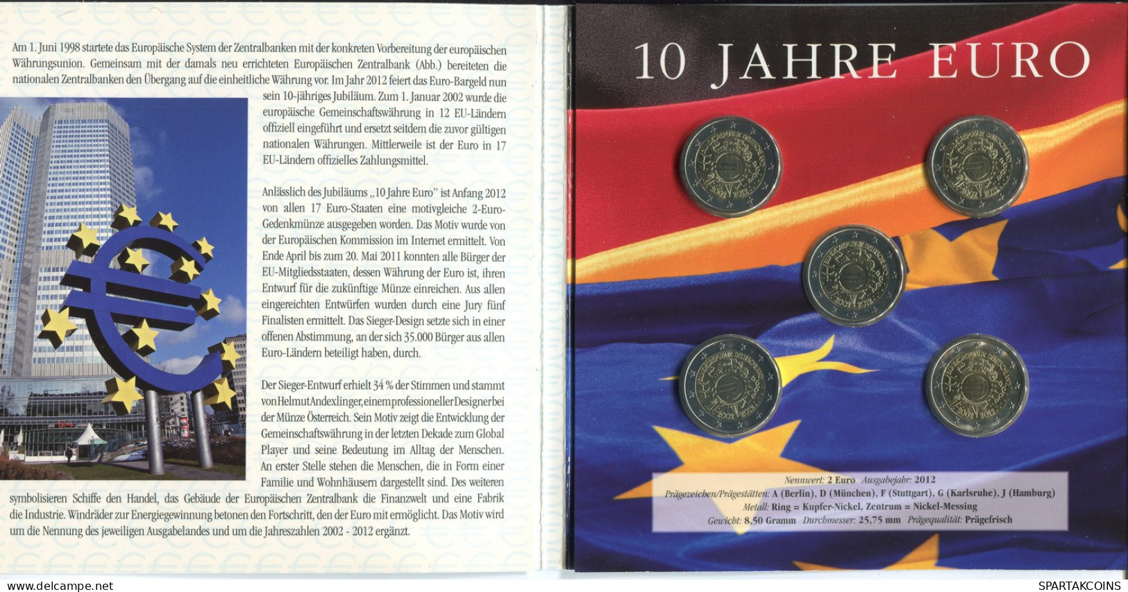 DEUTSCHLAND 2012 EURO SET 2 EURO A. D. F G. J 10 YEAR EURO UNC #SET1280.13.D - Other & Unclassified
