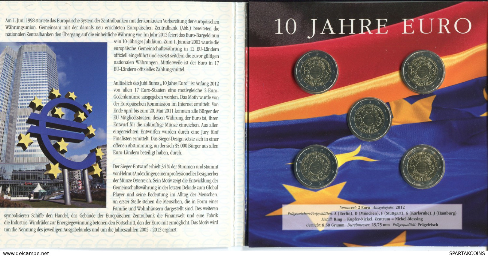 DEUTSCHLAND 2012 EURO SET 2 EURO A. D. F G. J 10 YEAR EURO UNC #SET1280.13.D - Sonstige & Ohne Zuordnung