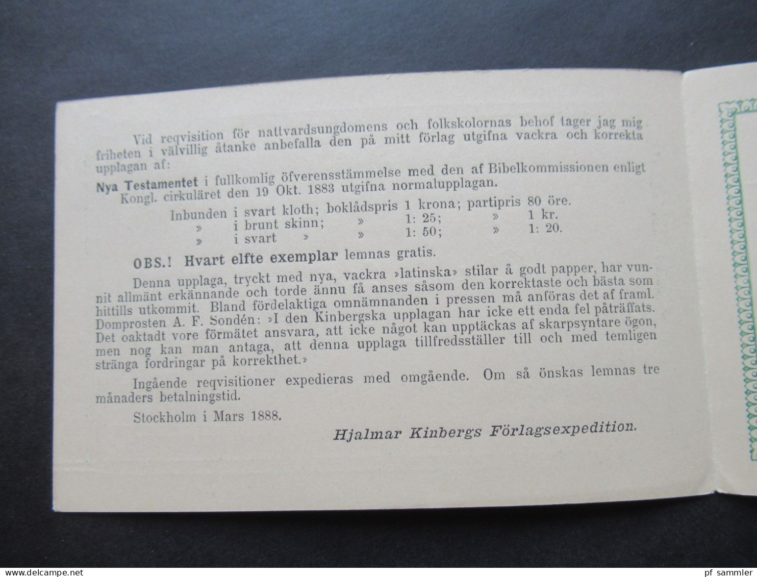 Schweden 1888 Ganzsache / Doppelkarte P 12 ?! Fem Öre Gedruckte Karte / Gedruckter Inhalt! Hjalmar Kinbergs Förlagsexped - Enteros Postales