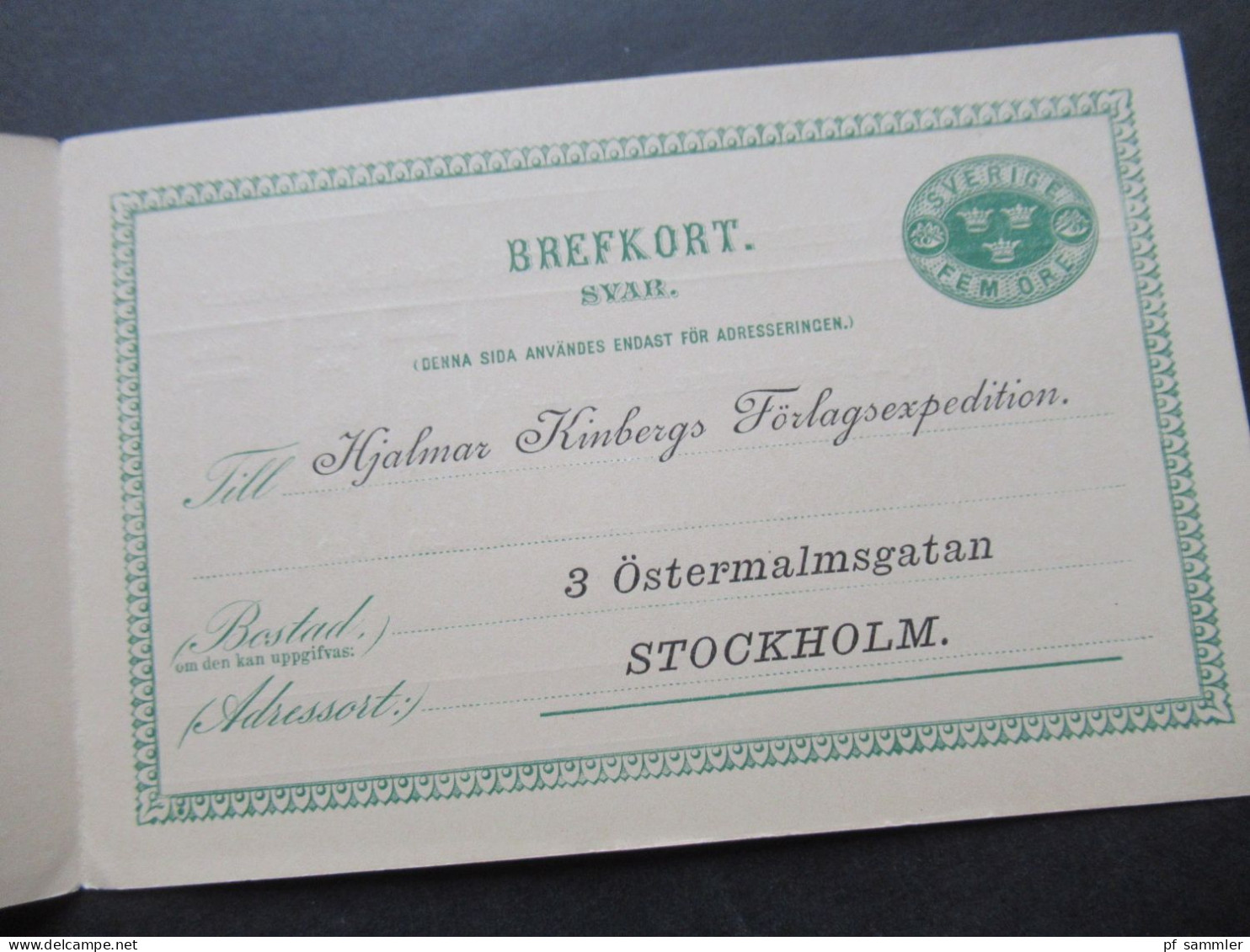 Schweden 1888 Ganzsache / Doppelkarte P 12 ?! Fem Öre Gedruckte Karte / Gedruckter Inhalt! Hjalmar Kinbergs Förlagsexped - Postwaardestukken