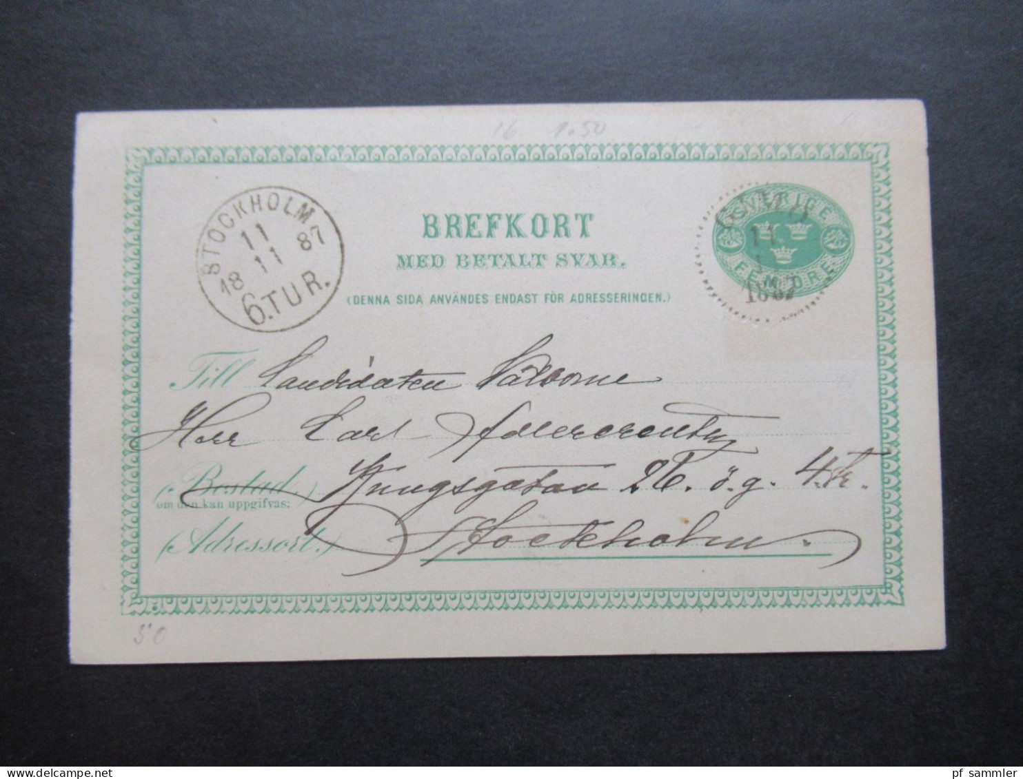 Schweden 1887 Ganzsache / Doppelkarte P 12 ?! Fem Öre Stempel Gimo Und Stockholm 6. TUR. - Postal Stationery