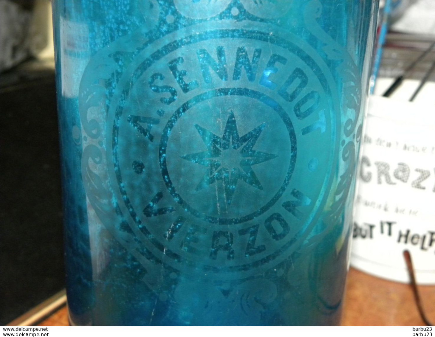 Siphon à eau de seltz A. Sennedot Vierzon - bouchon R. Senechal Vierzon - verre bleu décor étoile -