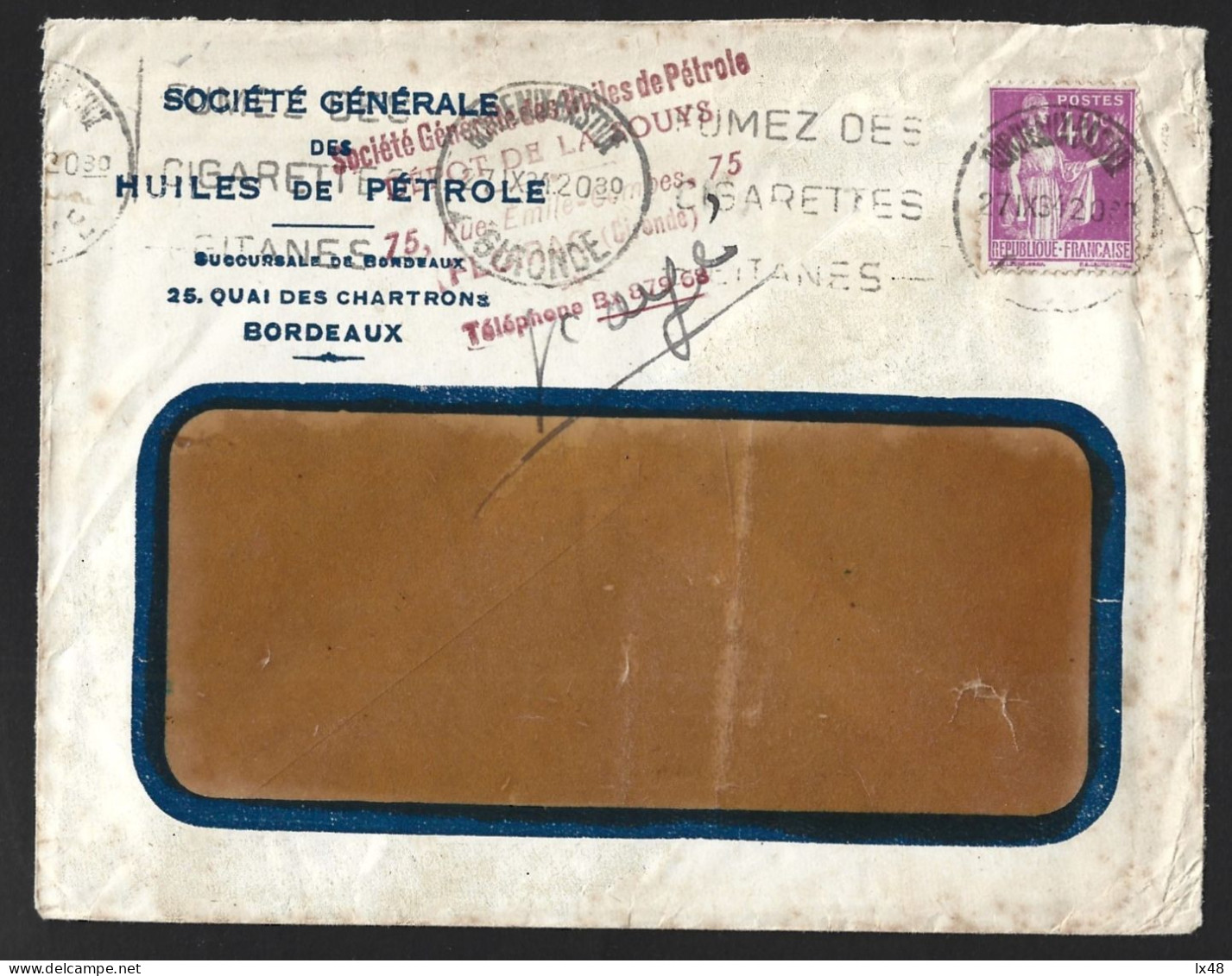 Bannière 'Fumez Les Cigarettes Gitanes'. Lettre De La Société Générale Des Huiles De Pétrole, 1942. Smoke Gitanes Cigare - Inquinamento