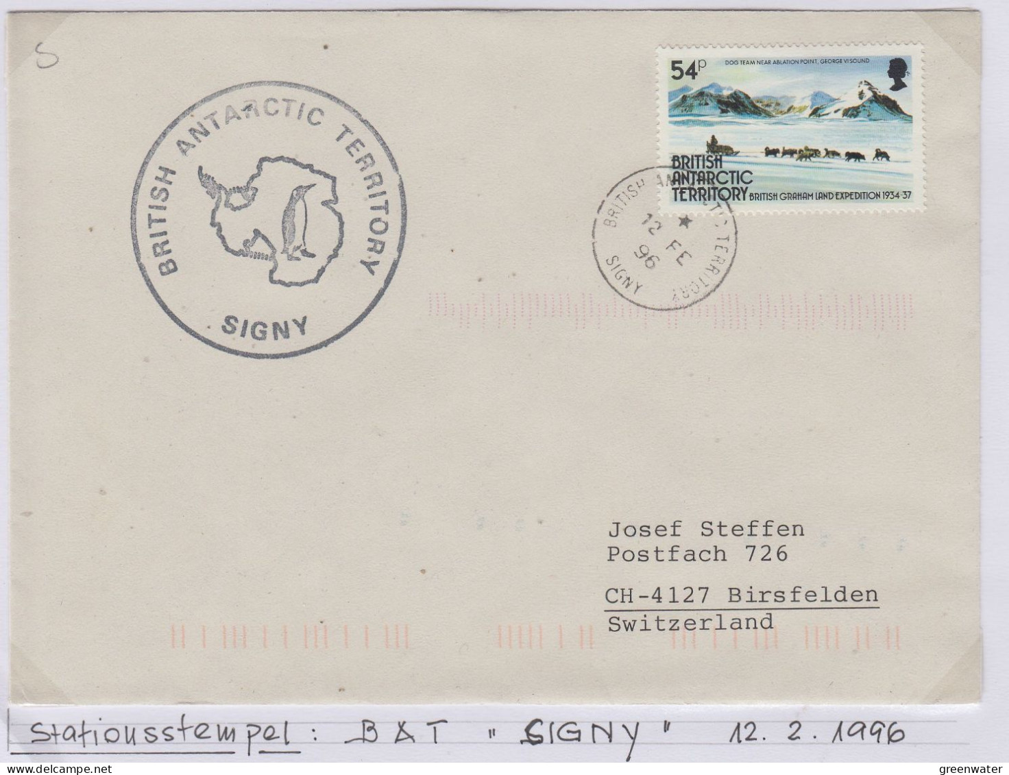 British Antarctic Territory (BAT) Cover Ca Signy 12 FE 1996  (TR168A) - Storia Postale