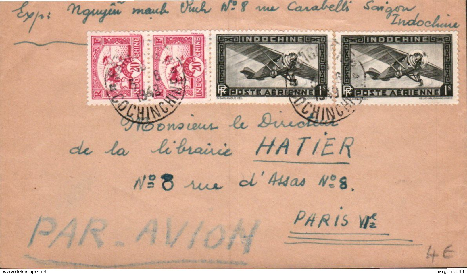 COCHINCHINE AFFRANCHISSEMENT COMPOSE SUR LETTRE AVION DE HANOI POUR LA FRANCE 1949 - Covers & Documents