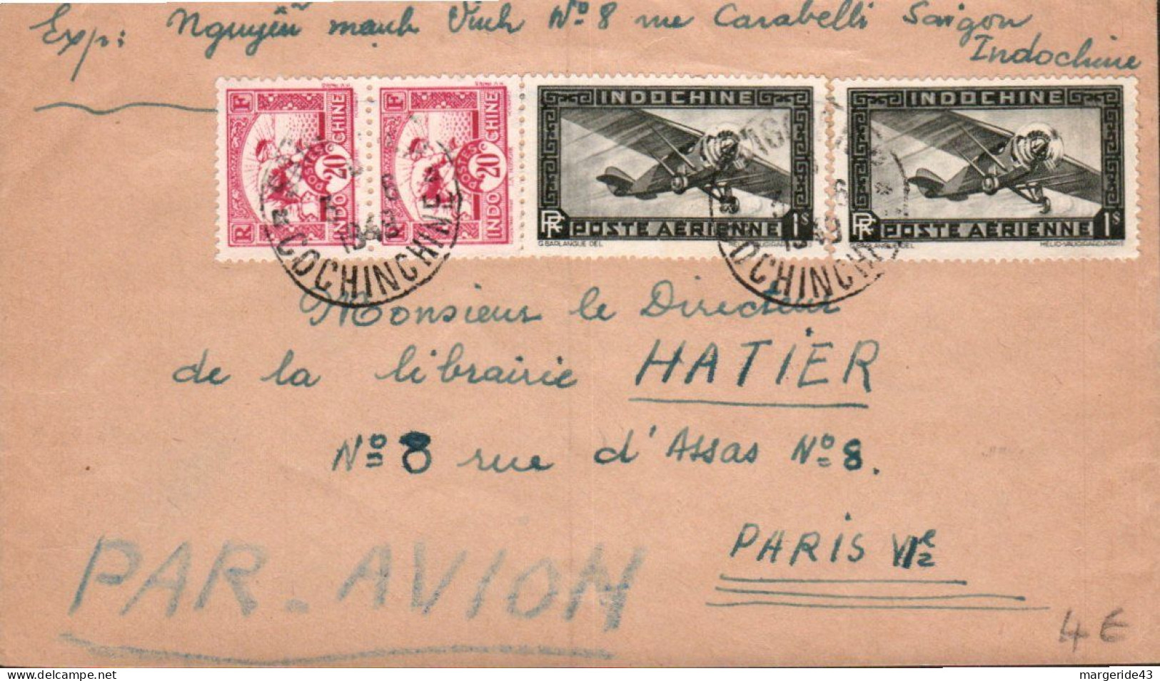 COCHINCHINE AFFRANCHISSEMENT COMPOSE SUR LETTRE AVION DE HANOI POUR LA FRANCE 1949 - Briefe U. Dokumente