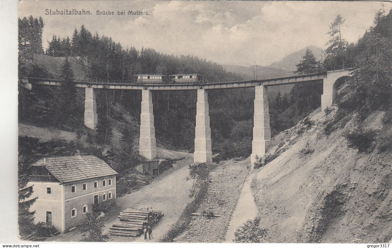 C8079) Stubaitalbahn BRÜCKE Bei MUTTERS Mit ZUG DETAIL Haus U. Holzstämmen ALT - Mutters