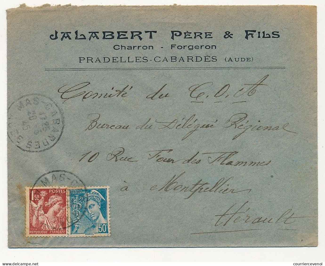 FRANCE - Env. En-tête "Jalabert Père Et Fils - Charron - Forgeron - PRADELLES CABARES (Aude) " 1945 - 1900 – 1949