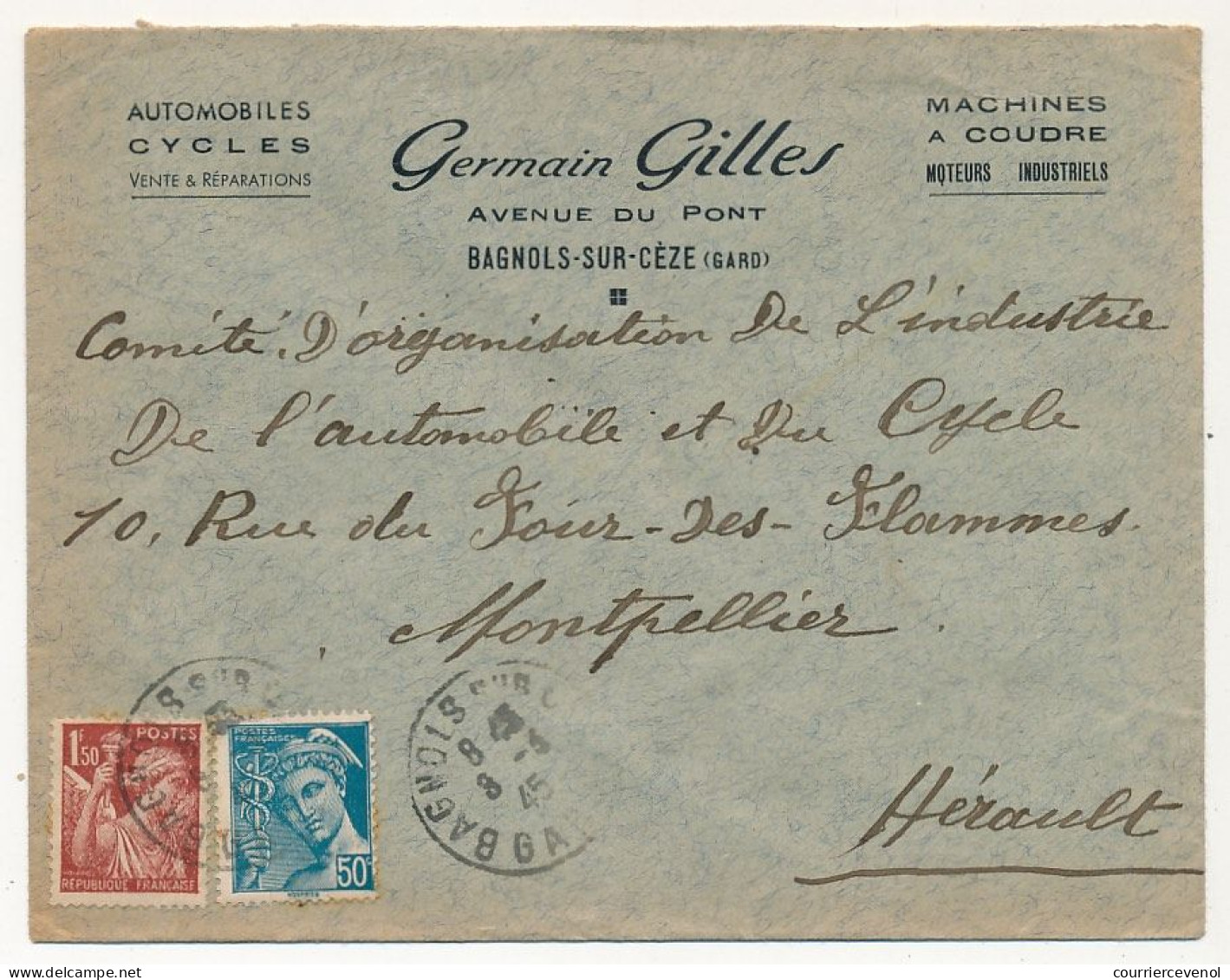 FRANCE - Env. En-tête "Automobiles, Cycles, Machines à Coudre GERMAIN GILLES - Bagnols Sur Cèze (Gard)" 1945 - 1900 – 1949