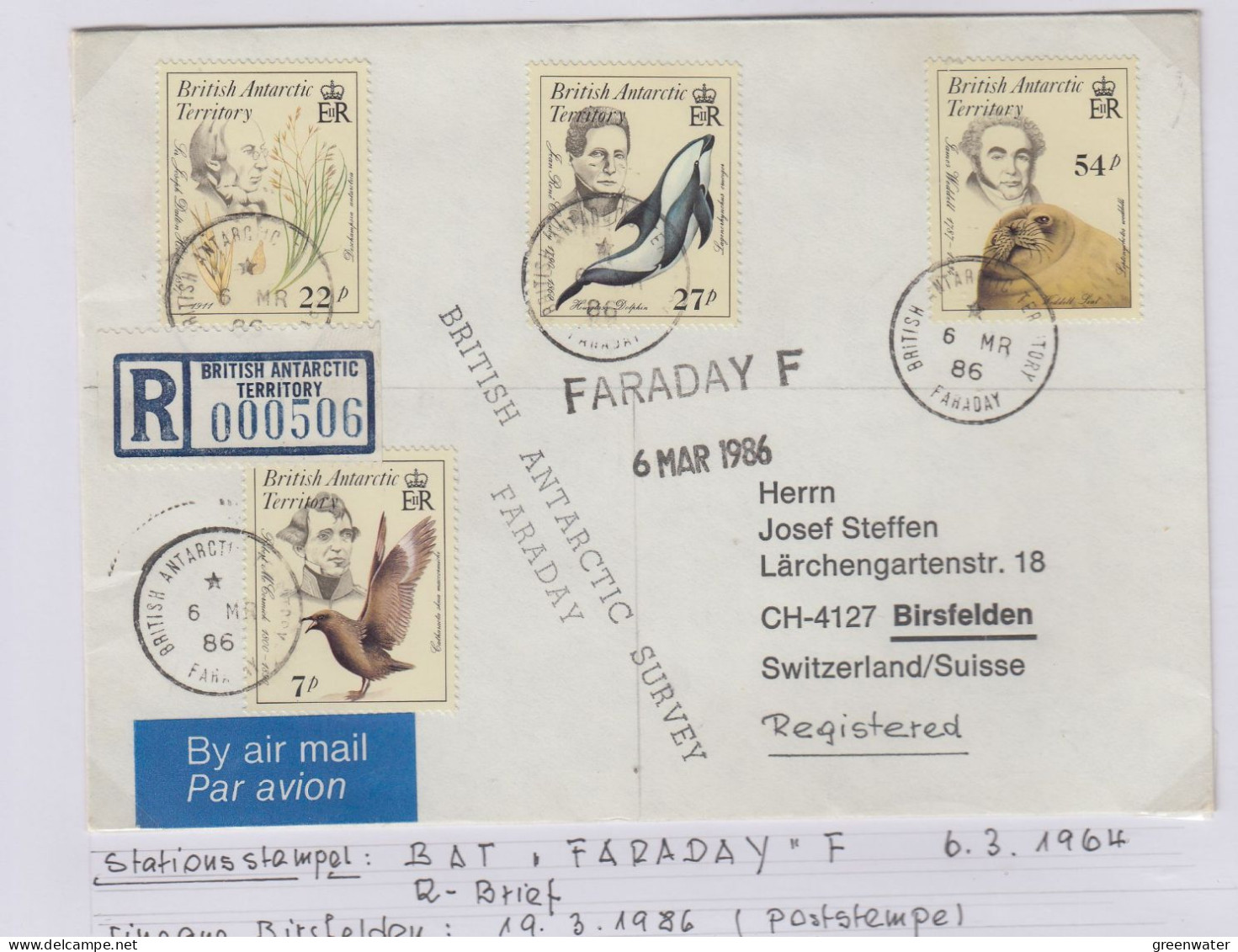 British Antarctic Territory (BAT)  Early Naturalists Set Registered Cover  Ca Faraday 6.3.1986 (TR169A) - Lettres & Documents