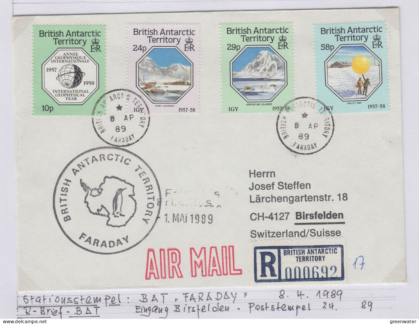 British Antarctic Territory (BAT)  IGY Set Registered Cover  Ca Faraday 8 AP 1989 (TR171) - Lettres & Documents