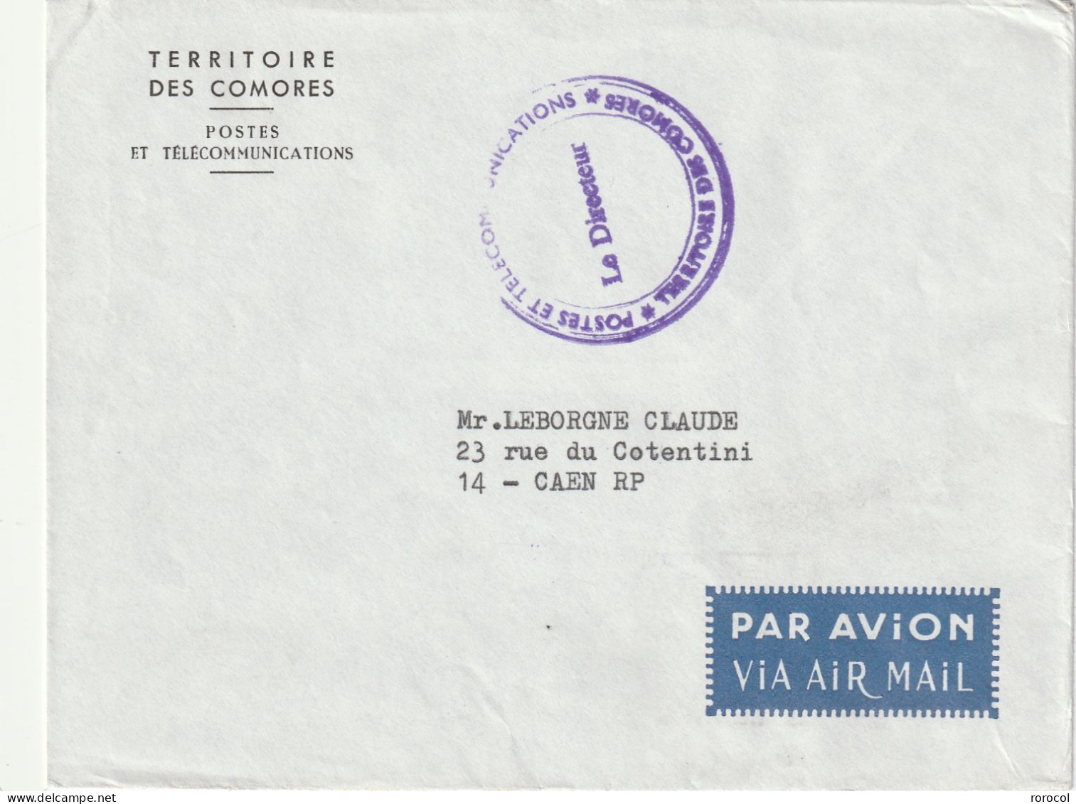 COMORES Lettre De Service 1969 POUR CAEN TERRITOIRE DES COMORES POSTES ET TELECOMMUNICATIONS - Lettres & Documents