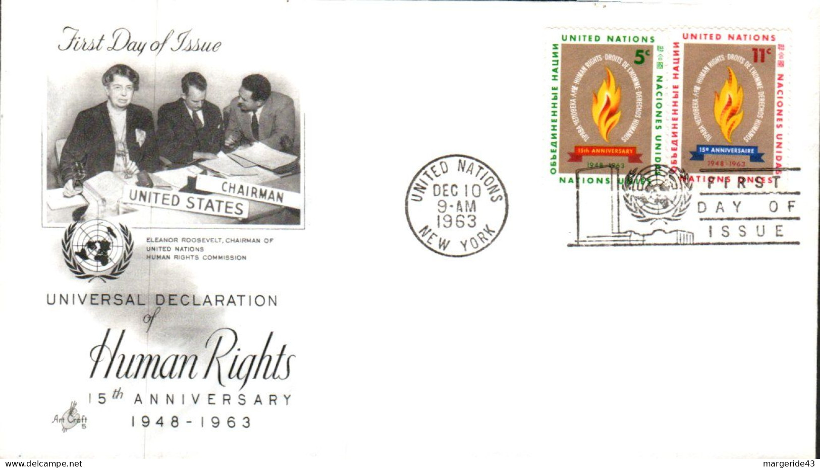 NATIONS UNIES FDC 1963 15 ANS DECLARATION DROITS DE L'HOMME - FDC