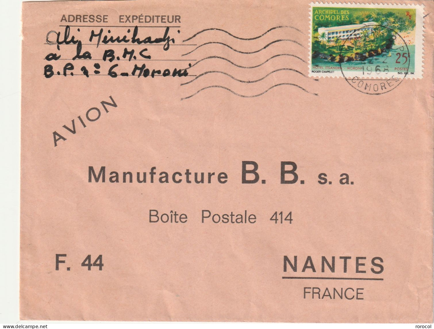 COMORES Lettre 1968 MORONI RP FLAMME Lignes Ondulées Pour NANTES - Storia Postale