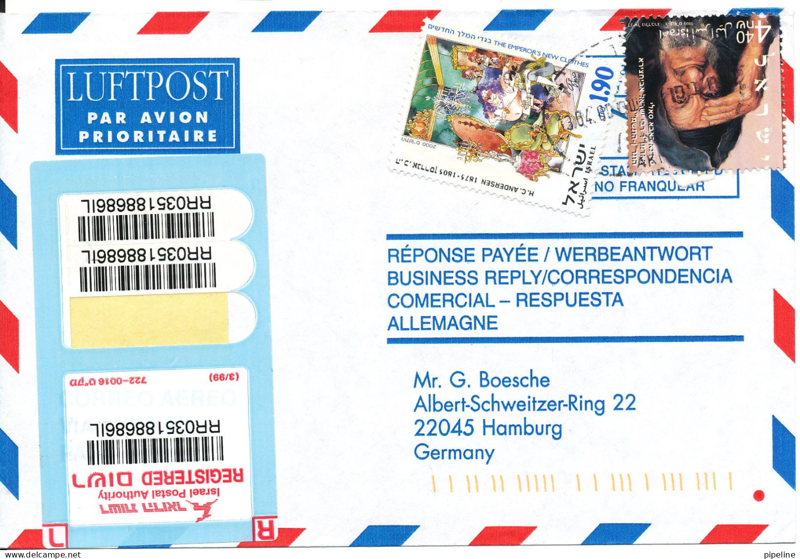 Israel Registered Air Mail Cover Sent To Germany 13-4-2000 - Luftpost