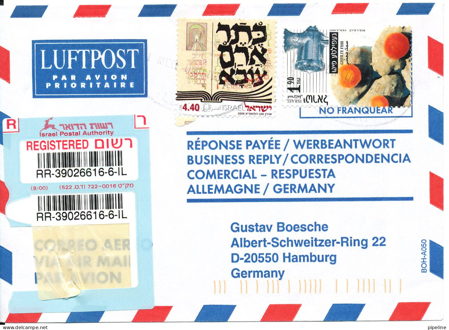 Israel Registered Air Mail Cover Sent To Germany 31-1-2001 - Airmail