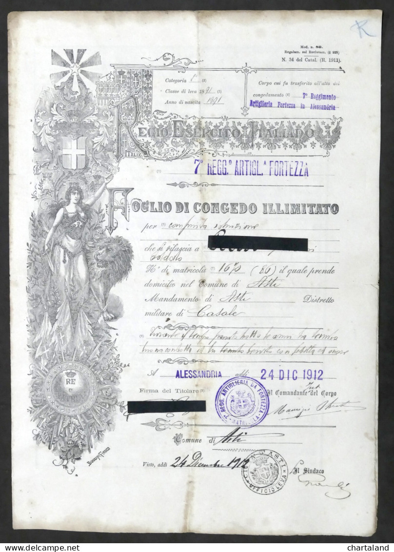 Regio Esercito Italiano - Foglio Di Congedo Illimitato - Comune Di Asti - 1912 - Documents