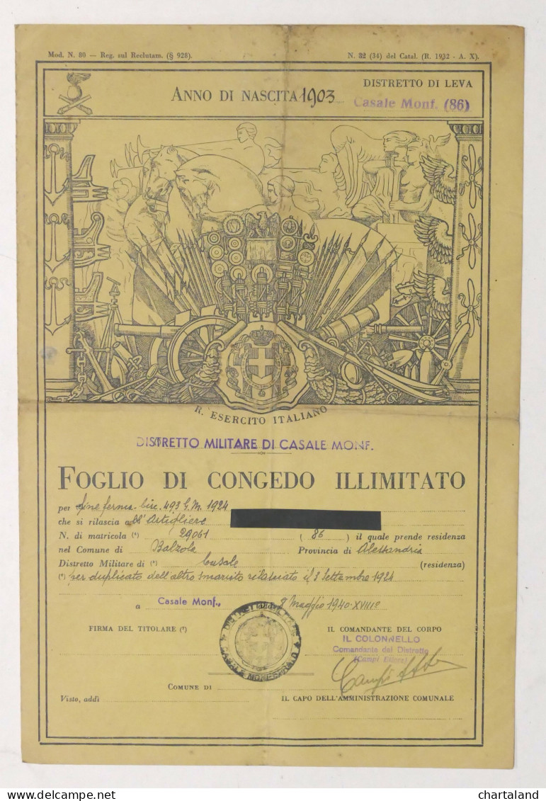Regio Esercito Italiano - Foglio Di Congedo Illimitato - Casale Monferrato 1940 - Documents