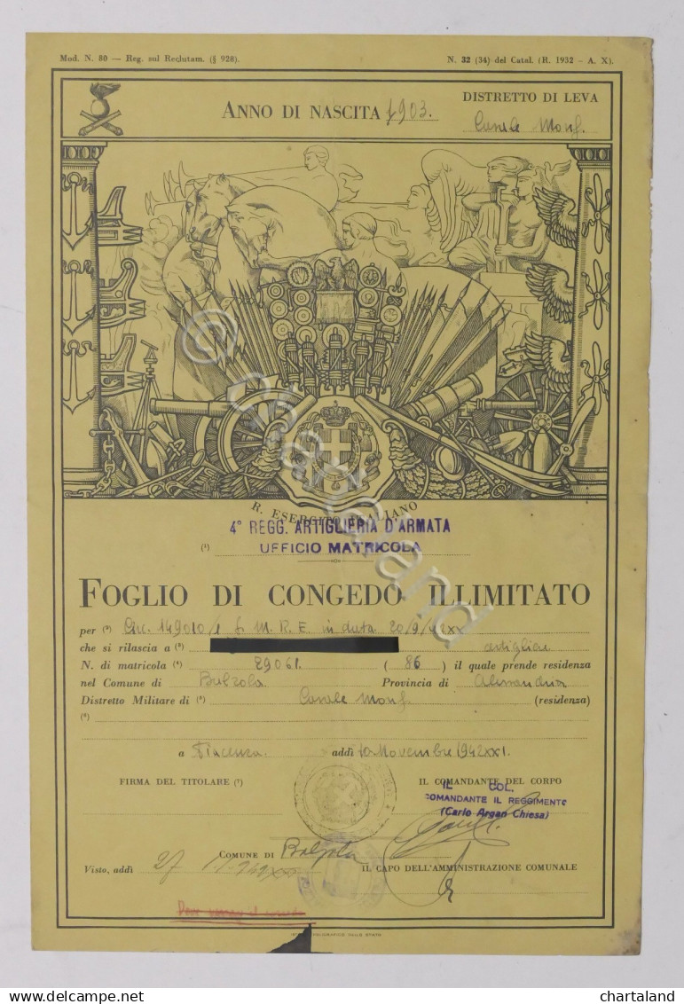 Regio Esercito Italiano - Foglio Di Congedo Illimitato - Piacenza - 1942 - Documents