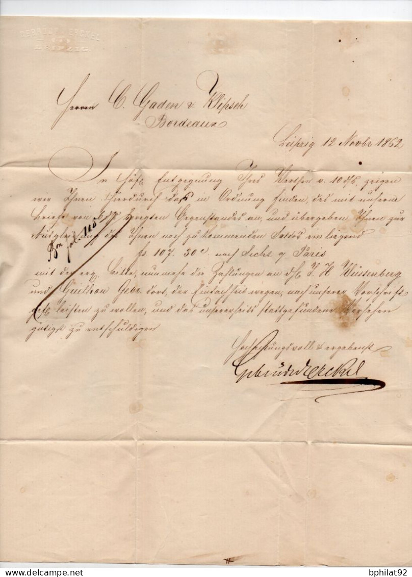 !!! LETTRE DE LEIPZIG DE 1862 POUR BORDEAUX, MARQUE D'ENTREE "BADE - STRASBOURG AMB D" - Brieven En Documenten