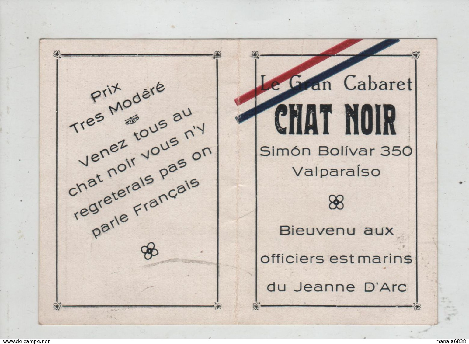 Cabaret Chat Noir Valparaiso Officiers Marins Du Jeanne D'Arc Matafs Filles Liqueurs Nuits Viennoises - Altri & Non Classificati